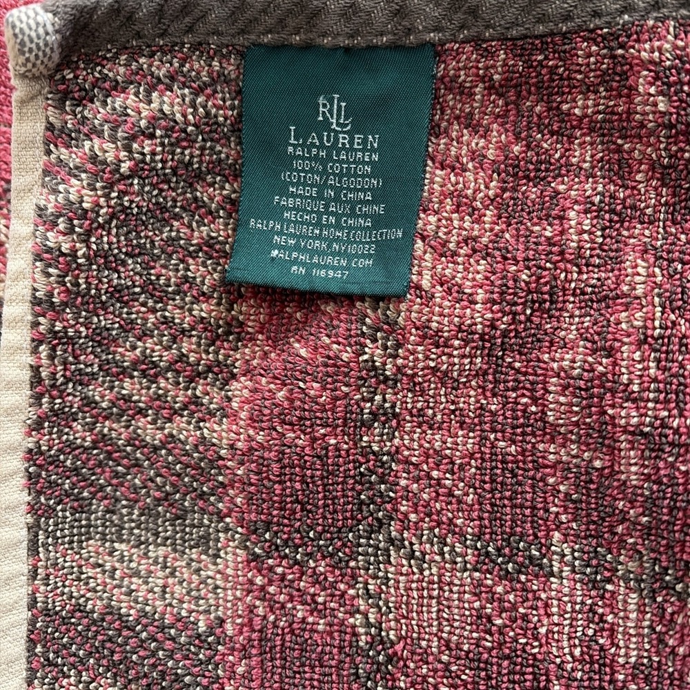 VTG Ralph Lauren bath towel Aragon Plaid Houndstooth Tartan Brown Red Tan Cotton - Picture 4 of 10